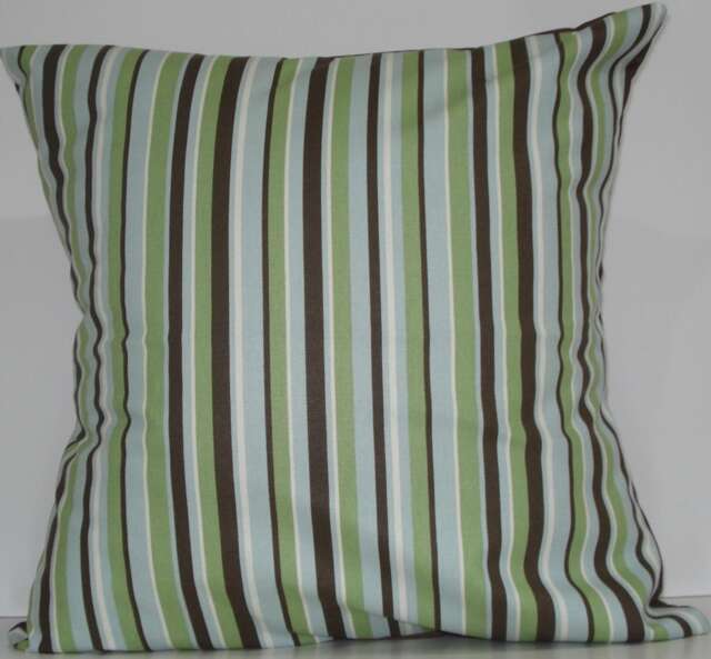 New 18x18 Inch Designer Handmade Pillow Cases in Green, Blue, Brown & White Stripe