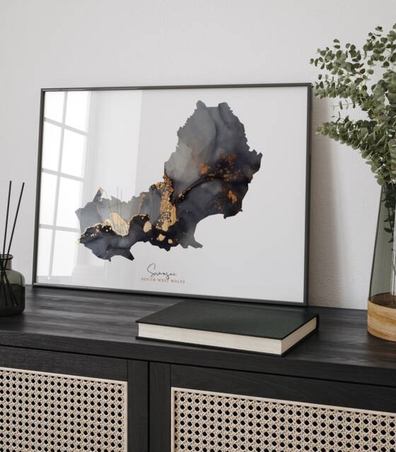 Swansea Map Black & Gold Wall Art Print - South West Wales United Kingdom Great Britain - image 1