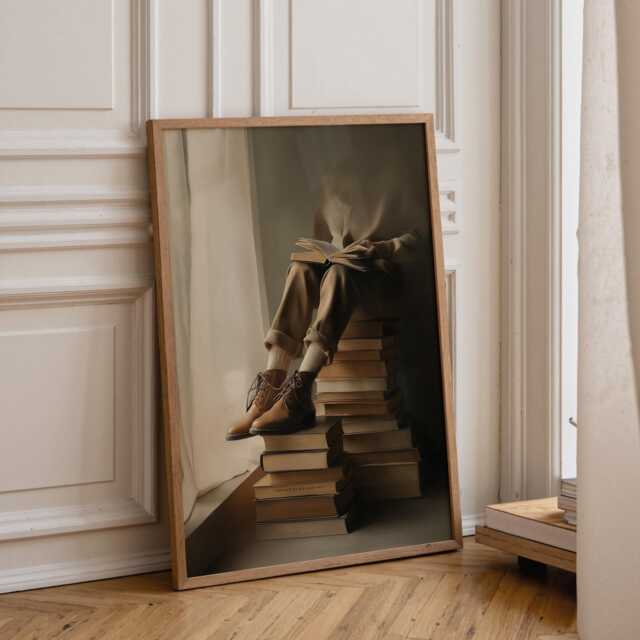 Bookish Wall Art - Man Sat On Stack Of Books Print Book Lover Poster Literacy - image 1