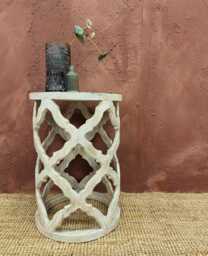 Whitewashed Round Side Table - Hand-Carved Mango Wood With Traditional Detailing - thumbnail 1