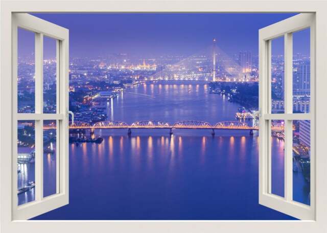 Bangkok Wall Decal, 3D Window Decal Sticker, Thailand Mural, Frame View Mural Home Decor