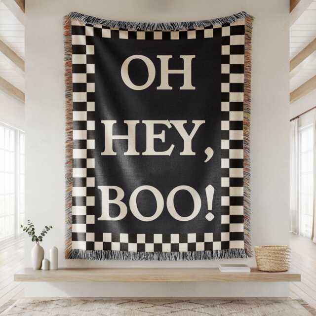 Cotton Woven Blanket, Oh Hey Boo Text, Black White, Throw, Modern Boho Halloween Decor, Checkered Border, Silly Funny - image 1