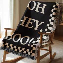 Cotton Woven Blanket, Oh Hey Boo Text, Black White, Throw, Modern Boho Halloween Decor, Checkered Border, Silly Funny - thumbnail 3