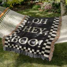 Cotton Woven Blanket, Oh Hey Boo Text, Black White, Throw, Modern Boho Halloween Decor, Checkered Border, Silly Funny - thumbnail 2