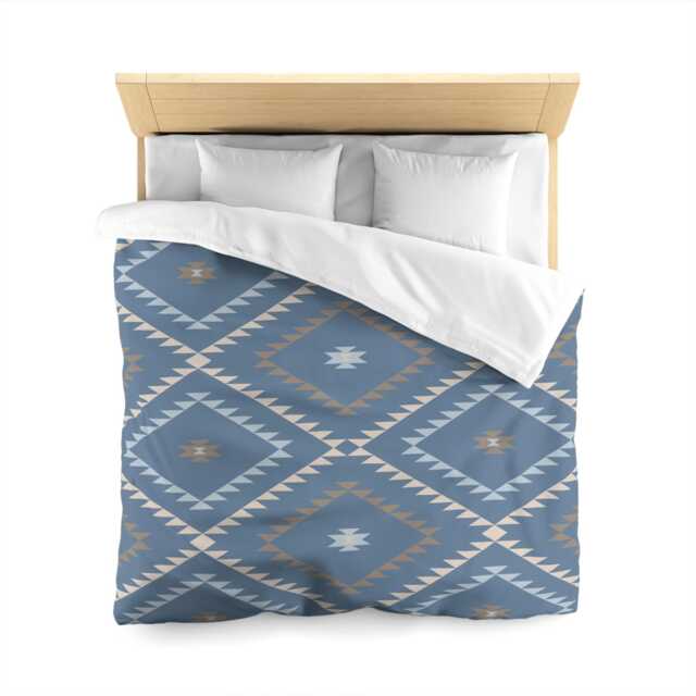 Microfiber Duvet Cover, Southwestern Geometric, Denim Blue Beige, Soft Bedding Set, Tribal Print Home Decor, Aztec Style Bedroom Accessories - image 1