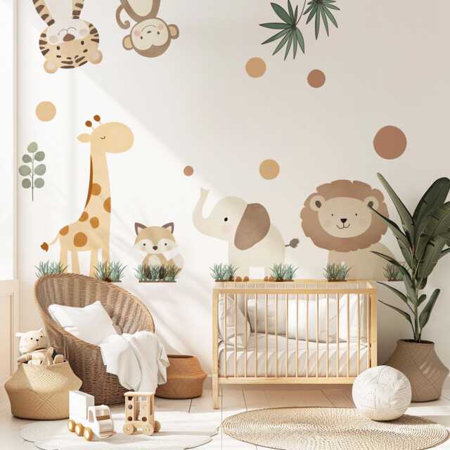 Safari Animal Wall Stickers Nursery Decor Jungle Decals Neutral Kids Bedroom Playroom Art - image 1