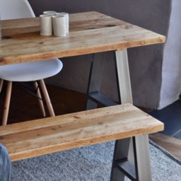 Reclaimed Wood Dining Table Bench Set Rustic Industrial A-Frame Steel Legs, Handmade in UK - thumbnail 2