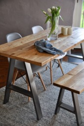 Reclaimed Wood Dining Table Bench Set Rustic Industrial A-Frame Steel Legs, Handmade in UK