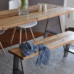 Reclaimed Wood Dining Table Bench Set Rustic Industrial A-Frame Steel Legs, Handmade in UK - thumbnail 4