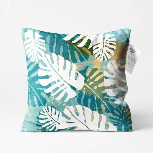 Tropical Cushion Cover With White Leaves On The Blue & Turquoise - Double Sided Printing Pillow Chenille Multi Sizes - image 1