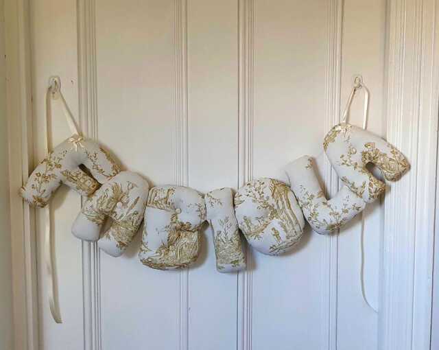 Personalised Name Banner, Toile De Jouy in Soft Gold Decor. Baby Wall Hanging. Shower Gift. Garland. Nursery - image 1
