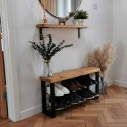 Handmade Wooden Bench Shoe Rack Rustic Hallway Storage. Storage. Boot Rack. Shoe Metal & Wood Bench - thumbnail 4