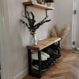 Handmade Wooden Bench Shoe Rack Rustic Hallway Storage. Storage. Boot Rack. Shoe Metal & Wood Bench - thumbnail 2