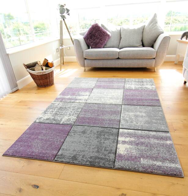 New Mauve Silver Grey Cream Rugs Small Large Mats Modern Blocks Design UK