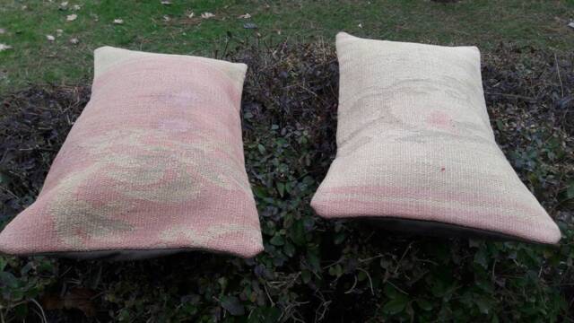 Pair Vintage Oushak Lumbar Pillow Covers Turkish Rug Pillows 26x14 Inch - image 1