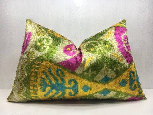 Silk Ikat Pillow Cover, Handwoven Accent Cushion, 16x24 - image 1