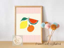 Bright Fruit Print With A Striped Peach Border. Perfect For Nursery, Bedroom Or Playroom - Unframed - thumbnail 1