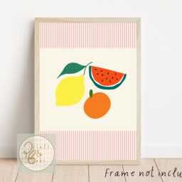 Bright Fruit Print With A Striped Peach Border. Perfect For Nursery, Bedroom Or Playroom - Unframed - thumbnail 3