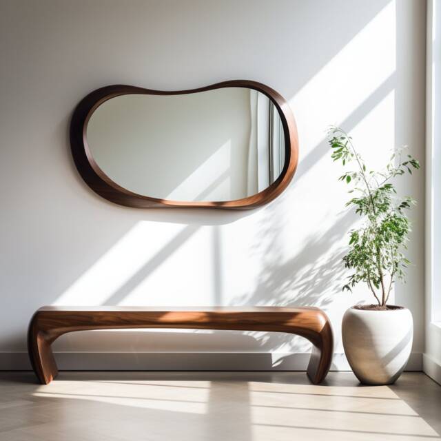 Real Walnut Wood Frame Mirror Asymmetrical Wall Home Decor - image 1