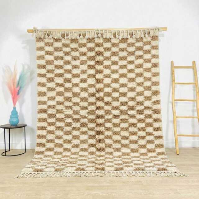 Brown & Ivory Checkerboard Moroccan Rug - Large 9x12 Berber Shag Handmade Wool Carpet For Modern Minimalist Interiors - image 1