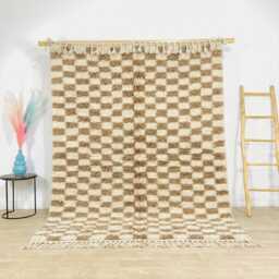 Brown & Ivory Checkerboard Moroccan Rug - Large 9x12 Berber Shag Handmade Wool Carpet For Modern Minimalist Interiors - thumbnail 1