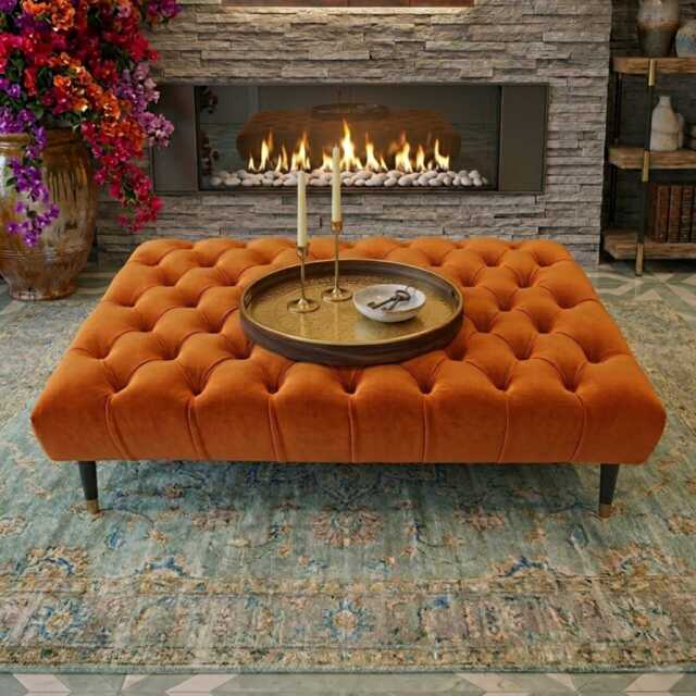 Large Chesterfield Plush Velvet Footstool With Black & Gold Legs, Ottoman Coffee Table - image 1