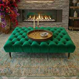 Large Chesterfield Plush Velvet Footstool With Black & Gold Legs, Ottoman Coffee Table - thumbnail 2