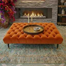 Large Chesterfield Plush Velvet Footstool With Black & Gold Legs, Ottoman Coffee Table