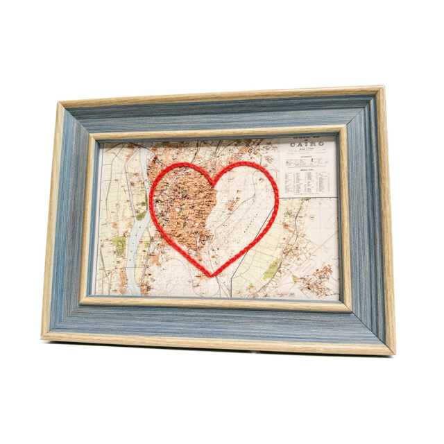 Cairo Heart Map - Custom Gift Egypt Anniversary Framed Wedding Vintage Print Of With Hand-Embroidered - image 1
