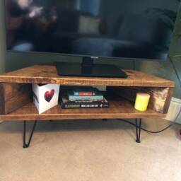 Reclaimed Wood Corner Tv Stand Retro Media Unit With Hairpin Legs - thumbnail 3