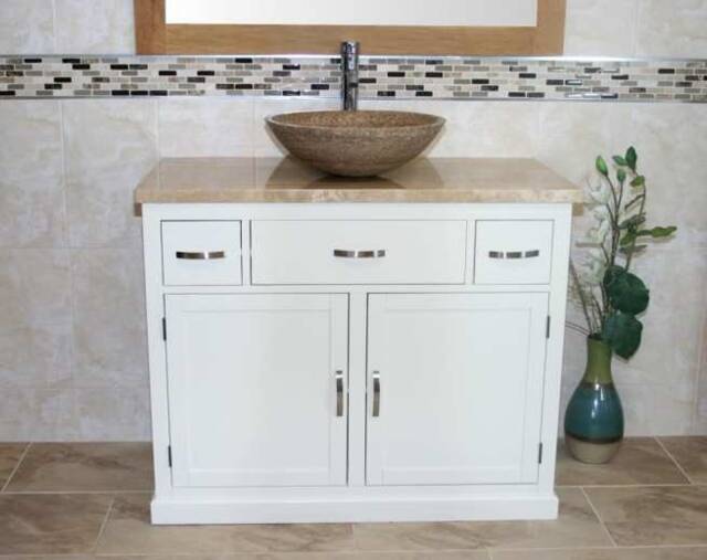 Bathroom Vanity Unit White Painted Modern Cabinet Wash Stand Travertine Top & Basin 1161Pt025T - image 1