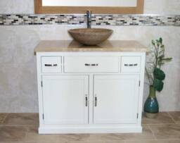 Bathroom Vanity Unit White Painted Modern Cabinet Wash Stand Travertine Top & Basin 1161Pt025T - thumbnail 1