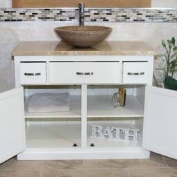 Bathroom Vanity Unit White Painted Modern Cabinet Wash Stand Travertine Top & Basin 1161Pt025T - thumbnail 3