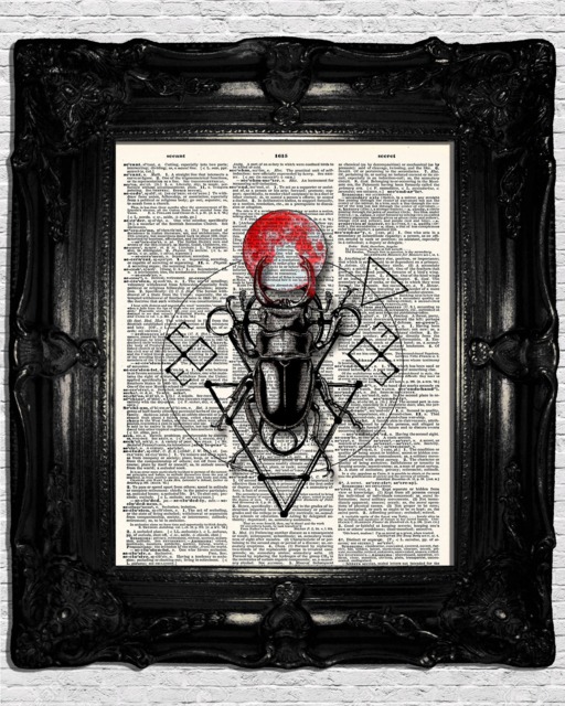 Beetle & Red Moon Art Print, Poster Print On Dictionary Book Page, Gothic Wall Art, Tattoo Design Insect