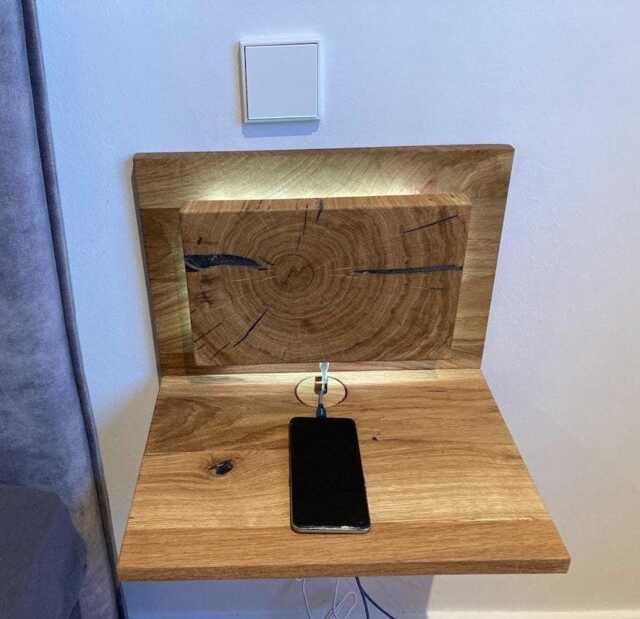 Solid Oak Floating Nightstand, Unique Small Bedside Shelf, Built-In Slim Table With Backlight, Wall Mount, Rustic - image 1