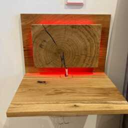 Solid Oak Floating Nightstand, Unique Small Bedside Shelf, Built-In Slim Table With Backlight, Wall Mount, Rustic - thumbnail 2