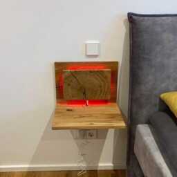 Solid Oak Floating Nightstand, Unique Small Bedside Shelf, Built-In Slim Table With Backlight, Wall Mount, Rustic - thumbnail 3