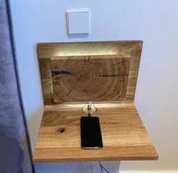 Solid Oak Floating Nightstand, Unique Small Bedside Shelf, Built-In Slim Table With Backlight, Wall Mount, Rustic