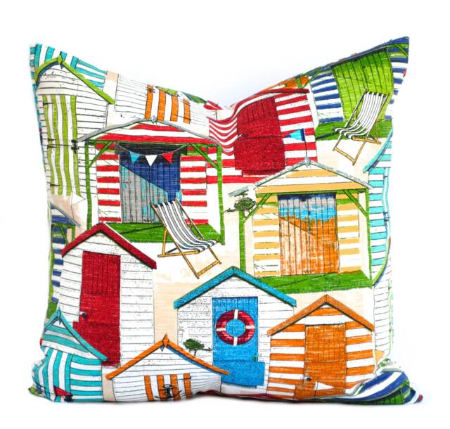 One Indoor/Outdoor Beach Huts Print Pillow Covers, Cushion, Decorative Throw Pillow, Coral Outdoor Nautical - image 1