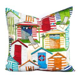 One Indoor/Outdoor Beach Huts Print Pillow Covers, Cushion, Decorative Throw Pillow, Coral Outdoor Nautical - thumbnail 1
