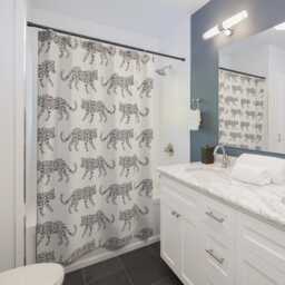 Shower Curtain, Leopard Parade, Chocolate On Cream, Animal Print Bath Safari Wildlife Home, Jungle Cats Bathroom Decor, Bold Modern - thumbnail 3