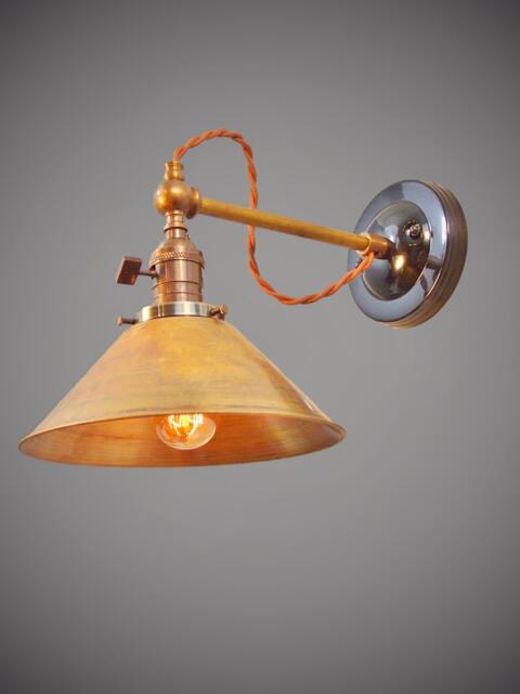 Industrial Wall Light - Steampunk Lamp Sconce Machine Age Brass Cone Shade Lighting Cafe - image 1