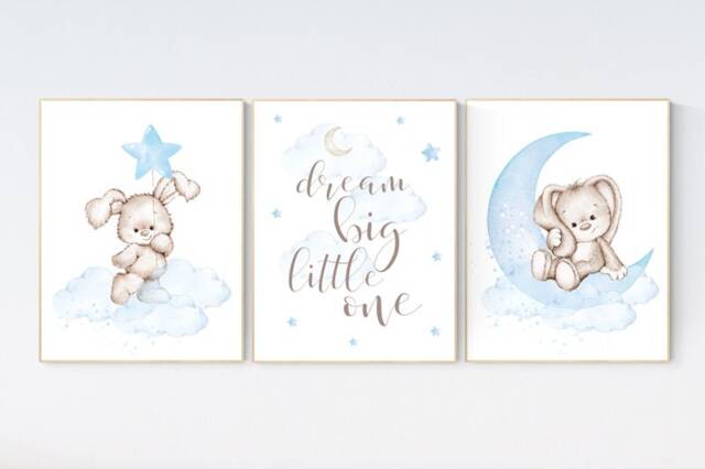 Bunny Nursery Print Dream Big, Moon & Stars, Boy Room Decor - image 1