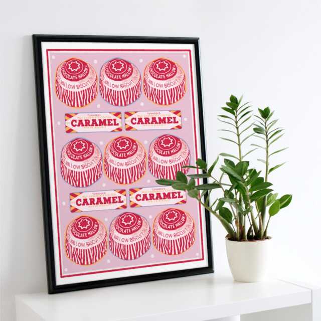 Tunnocks Tea Cake & Caramel Pink & Red Pattern Kitchen Poster/Art Print Unframed A5 A4 A3 Fun Quirky Bold Retro Food Drink Chocolate
