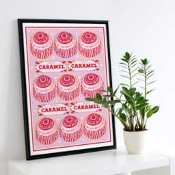 Tunnocks Tea Cake & Caramel Pink & Red Pattern Kitchen Poster/Art Print Unframed A5 A4 A3 Fun Quirky Bold Retro Food Drink Chocolate - thumbnail 1