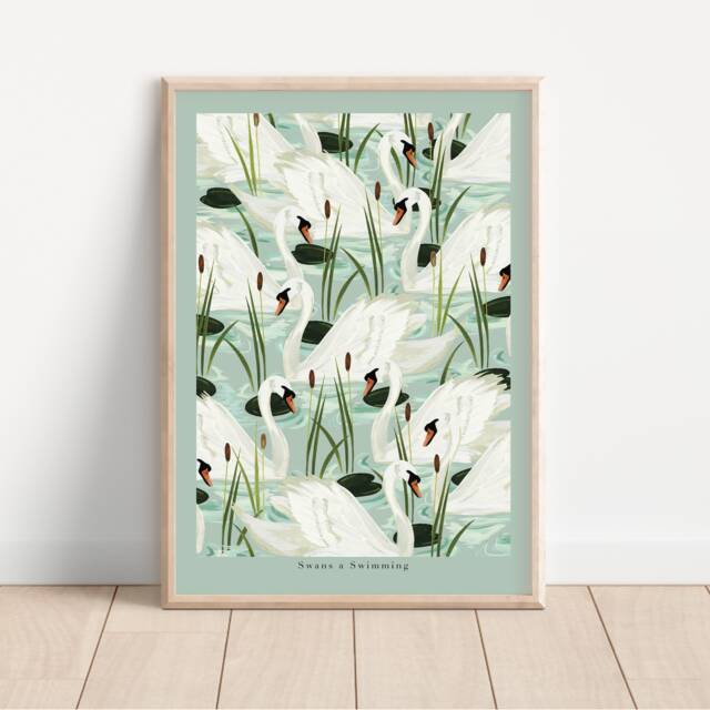 Swans Art Print Vintage Country Cottage Decor - image 1