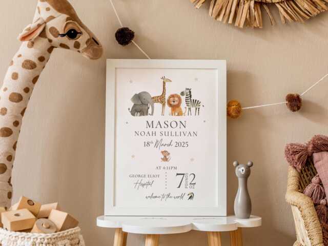 New Baby Personalised Print - Birth Details Gift Keepsake Newborn Neutral Nursery Animal - image 1
