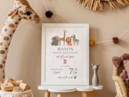 New Baby Personalised Print - Birth Details Gift Keepsake Newborn Neutral Nursery Animal - thumbnail 1