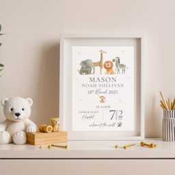 New Baby Personalised Print - Birth Details Gift Keepsake Newborn Neutral Nursery Animal - thumbnail 2