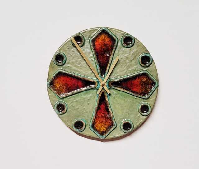 Unusual Hand Made Circular Khaki Sage Green Glazed Wall Clock With Inlaid Red Yellow Glass 25 cm Diameter - image 1